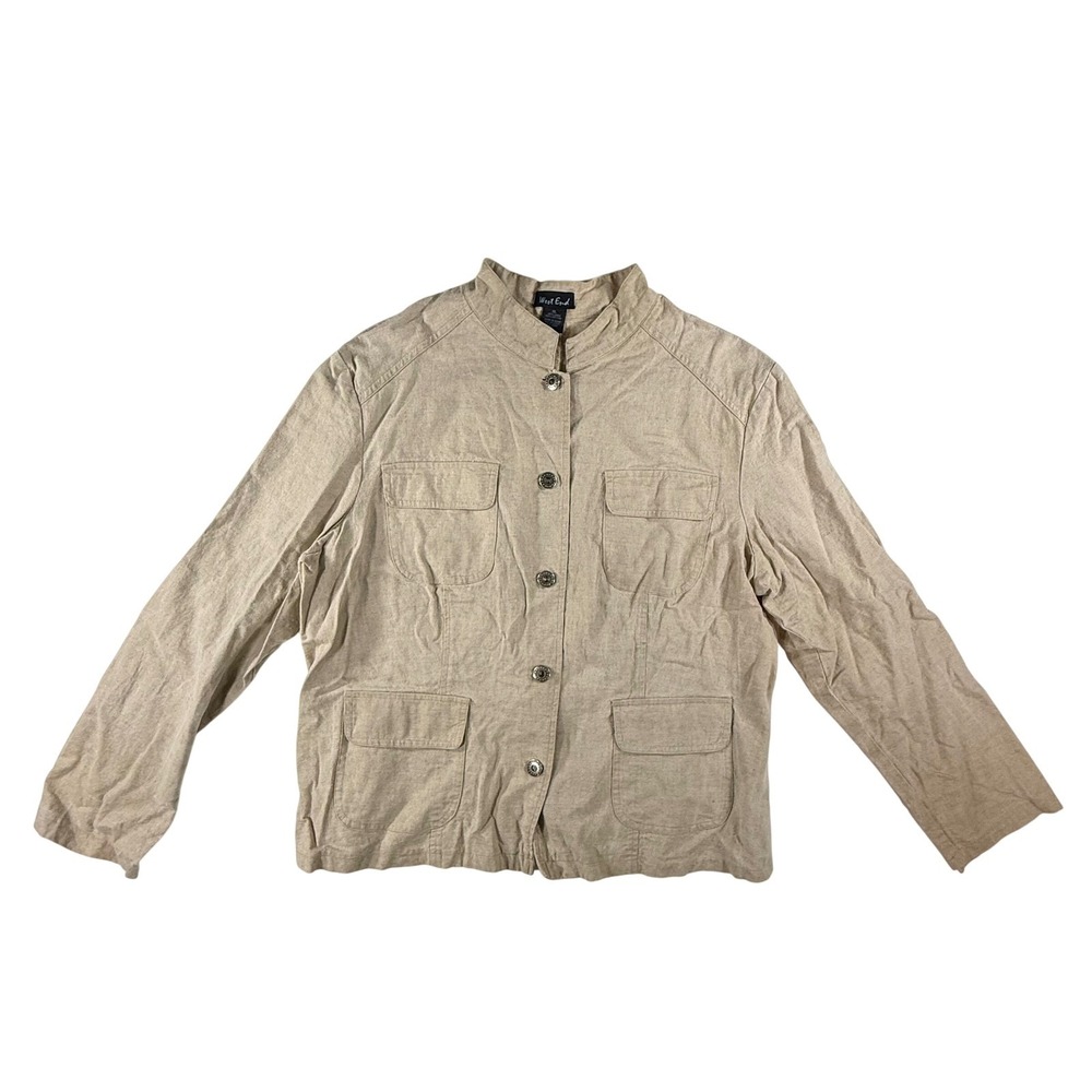 West End‎ Linen Blend Utility Jacket Womens XL Beige Button Up Safari Mock Neck
